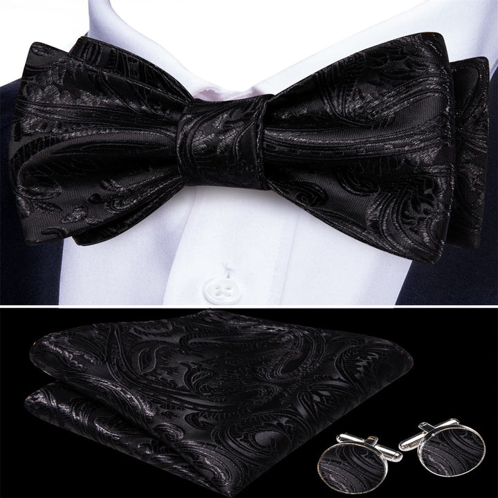 black paisley formal mens bow tie pocket square cufflinks set for office business