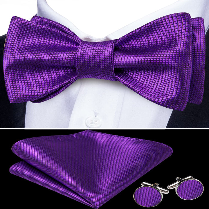 plaid purple lavender bow tie handkerchief cufflinks set for suit dress