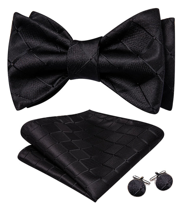 mens silk plaid classic black bow tie pocket square cufflinks set