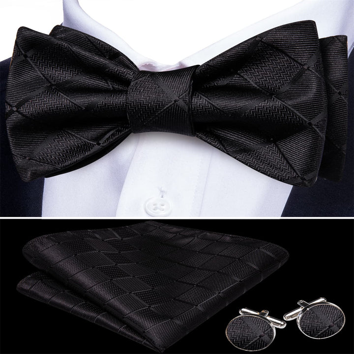 classic black plaid silk mens bow ties handkerchief cufflinks set for suit