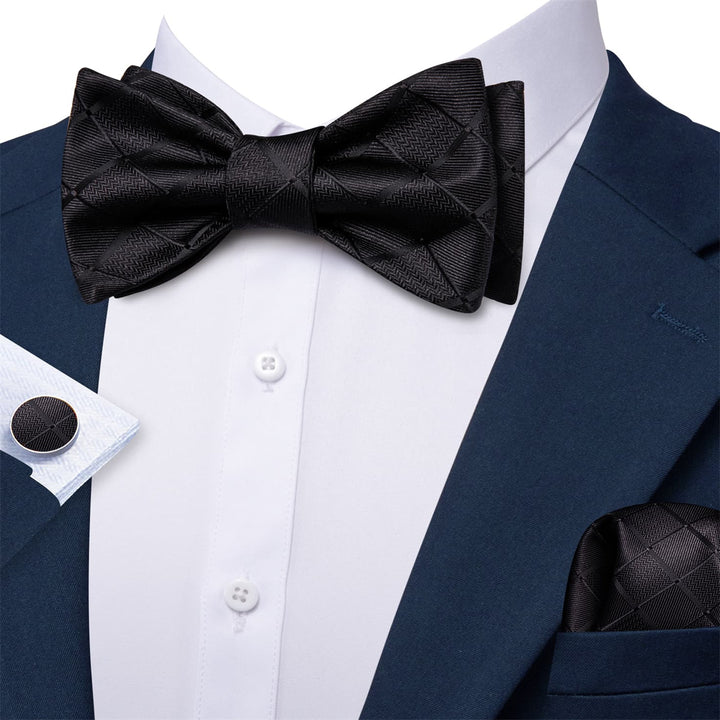 mens silk plaid black bowtie handkerchief cuff links set for blue suit