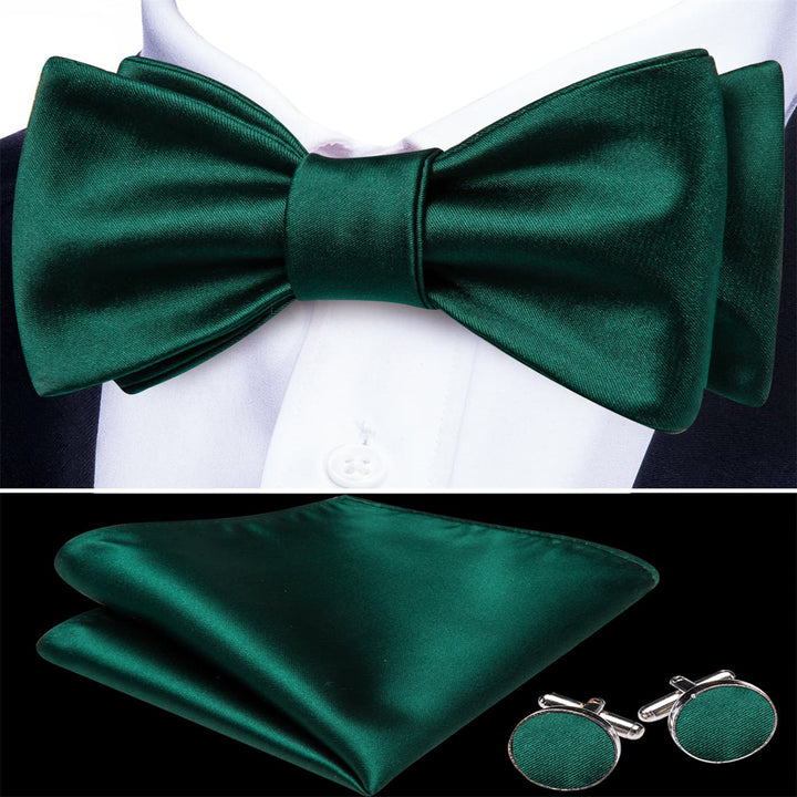 mens silk solid dark green bow tie pocket square cufflinks set