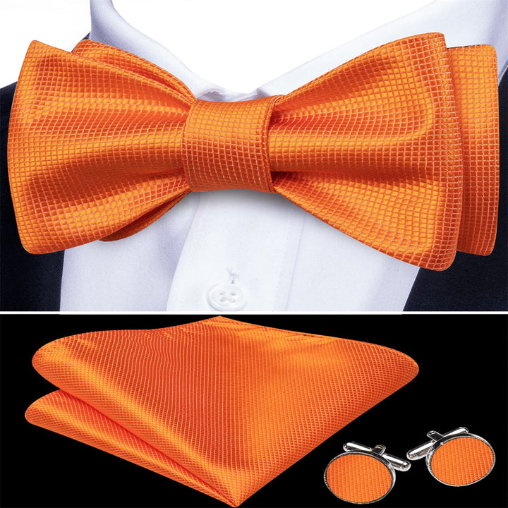 mens silk plaid orange bow tie pocket square cufflinks set