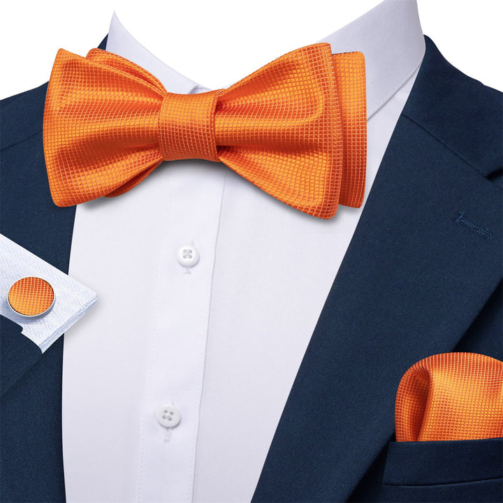 plaid orange silk men's bow tie hanky cufflinks set for suit dress