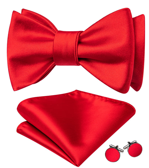 silk mens solid wedding red bow tie pocket square cufflinks set