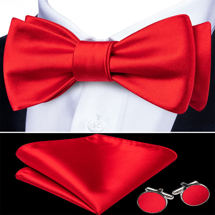 red solid mens silk tuxedo bow tie pocket square cufflinks set for men