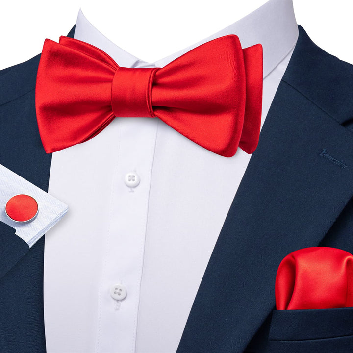 Tuxedo Bow Tie Red Solid Men's Silk Wedding self tie bow ties hanky cufflinks set for suit
