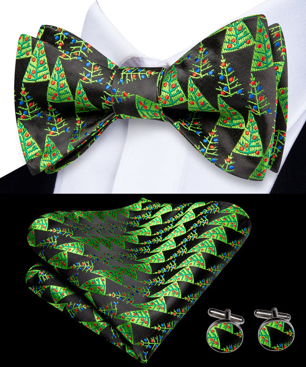 Green Tree Christmas Black Self-tied Bow Tie Pocket Square Cufflinks Set