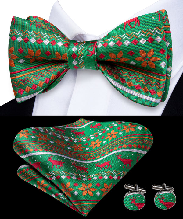 Green Red Christmas Deer Silk Self-tied Bow Tie Pocket Square Cufflinks Set