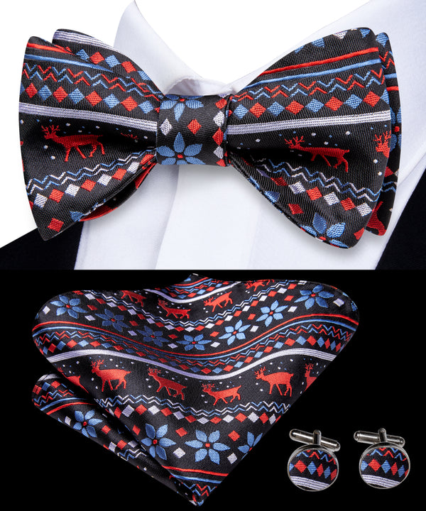 Black Red Christmas Deer Silk Self-tied Bow Tie Pocket Square Cufflinks Set