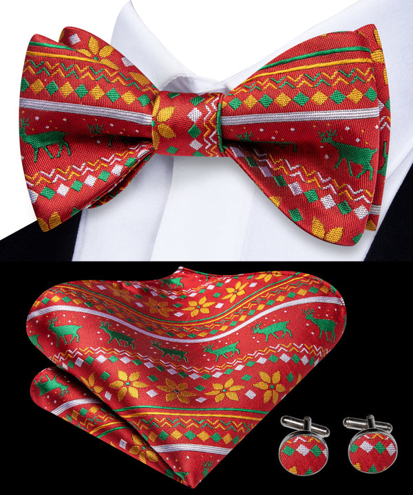 Red Green Christmas Deer Silk Self-tied Bow Tie Pocket Square Cufflinks Set