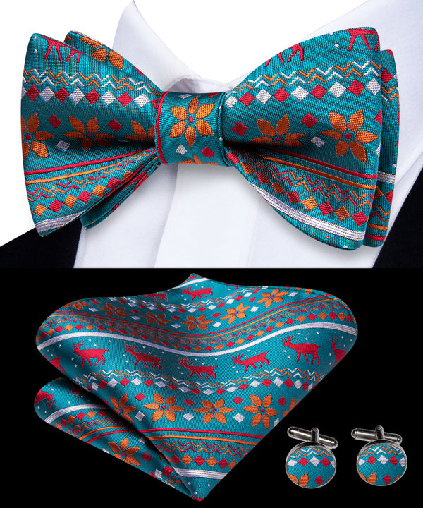 Pale Blue Christmas Red Deer Silk Self-tied Bow Tie Pocket Square Cufflinks Set