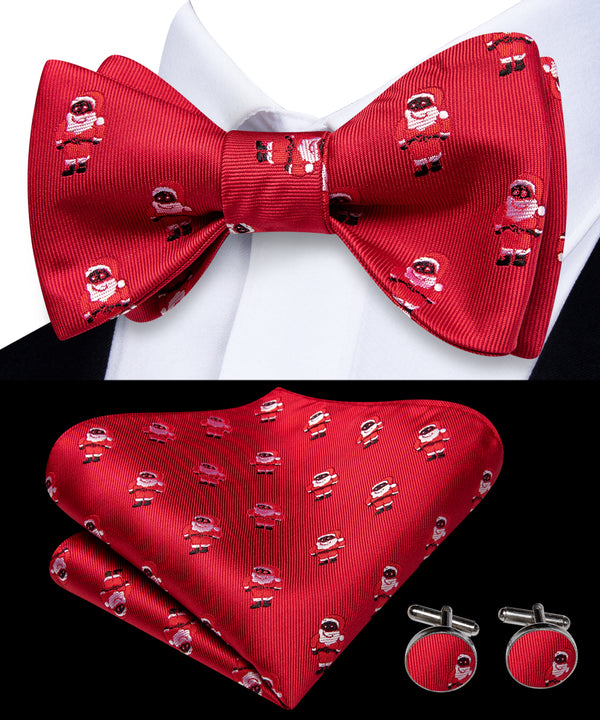 Christmas Red Santa Claus Novelty Self-tied Bow Tie Pocket Square Cufflinks Set