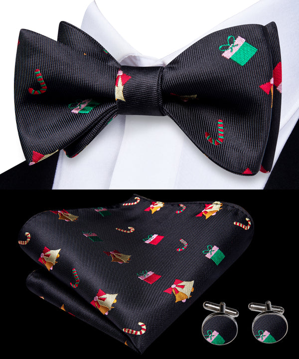 Christmas Black Candy Cane Self-tied Bow Tie Pocket Square Cufflinks Set
