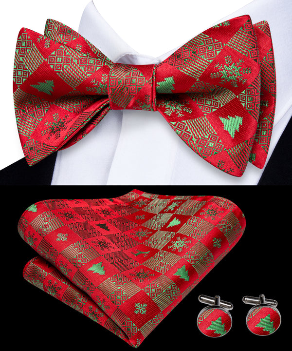 Christmas Red Green Tree Self-tied Bow Tie Pocket Square Cufflinks Set