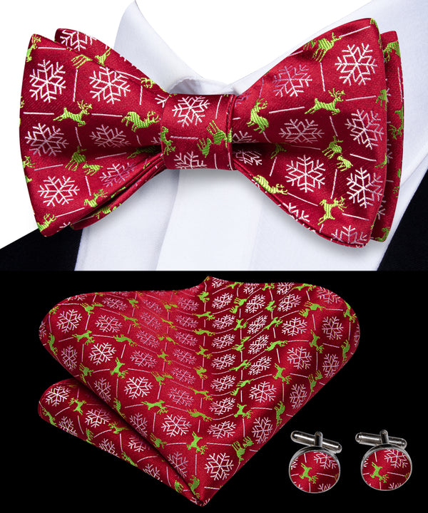 Christmas Red White Snow Self-tied Bow Tie Pocket Square Cufflinks Set