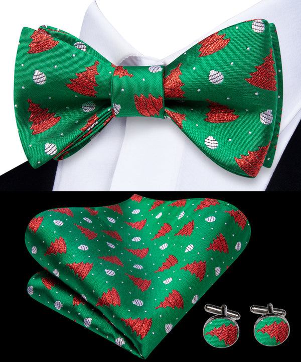 Christmas Green Red Tree Self-tied Bow Tie Pocket Square Cufflinks Set
