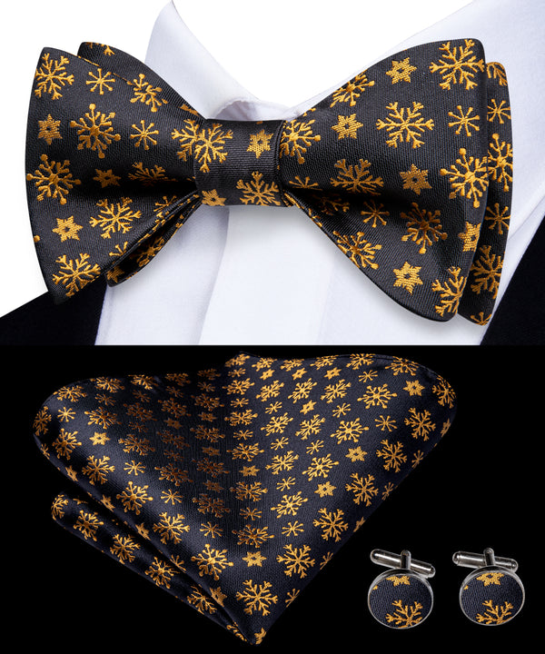 Christmas Black Golden Snow Self-tied Bow Tie Pocket Square Cufflinks Set