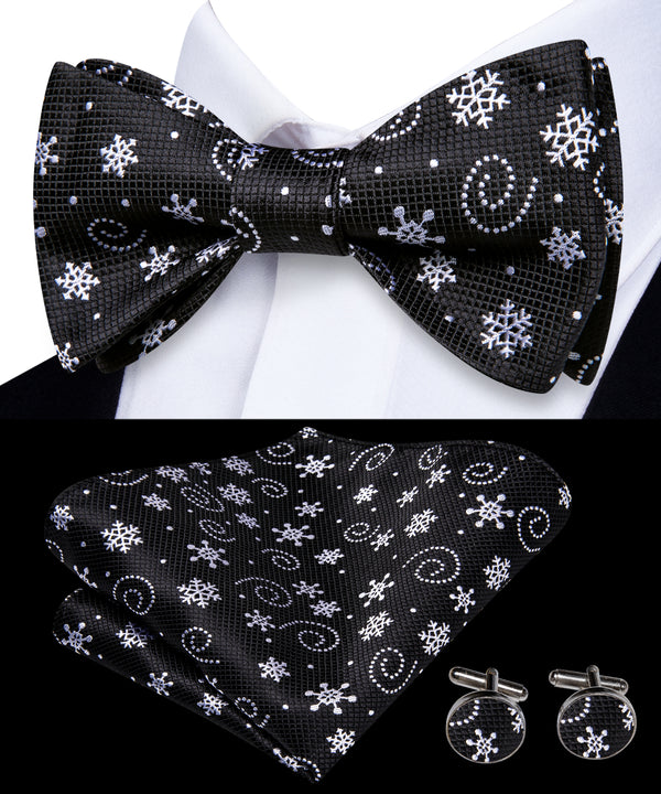 Christmas Black White Snow Self-tied Bow Tie Pocket Square Cufflinks Set
