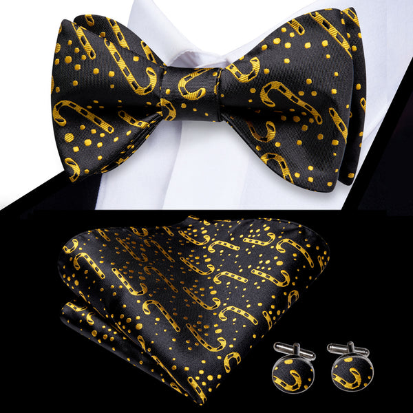 Christmas Black Golden Candy Cane Self-tied Bow Tie Pocket Square Cufflinks Set