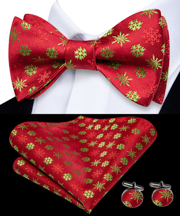 Christmas Red Golden Snow Self-tied Bow Tie Pocket Square Cufflinks Set