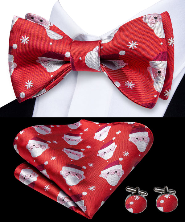 Red Santa Claus Christmas Novelty Self-tied Bow Tie Pocket Square Cufflinks Set