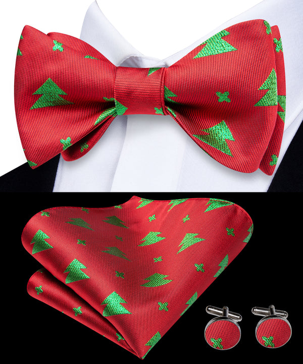 Red Christmas Green Tree Novelty Self-tied Bow Tie Pocket Square Cufflinks Set