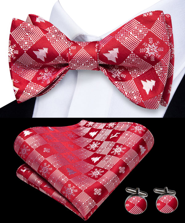 Red Christmas White Snow Novelty Self-tied Bow Tie Pocket Square Cufflinks Set