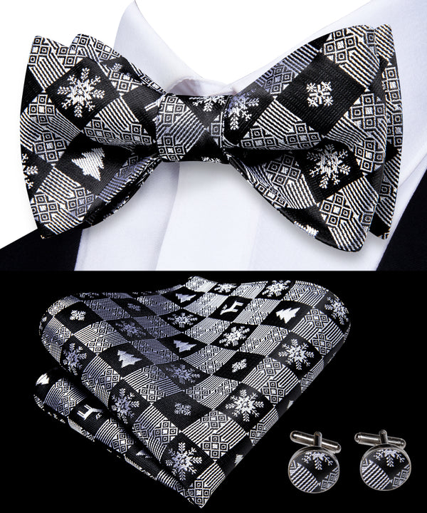 Black Christmas White Snow Novelty Self-tied Bow Tie Pocket Square Cufflinks Set