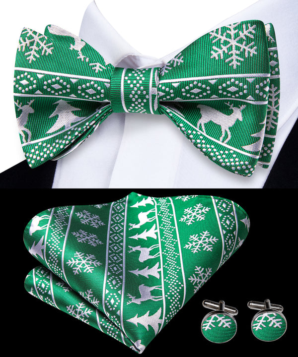 Green Christmas White Deer Novelty Self-tied Bow Tie Pocket Square Cufflinks Set