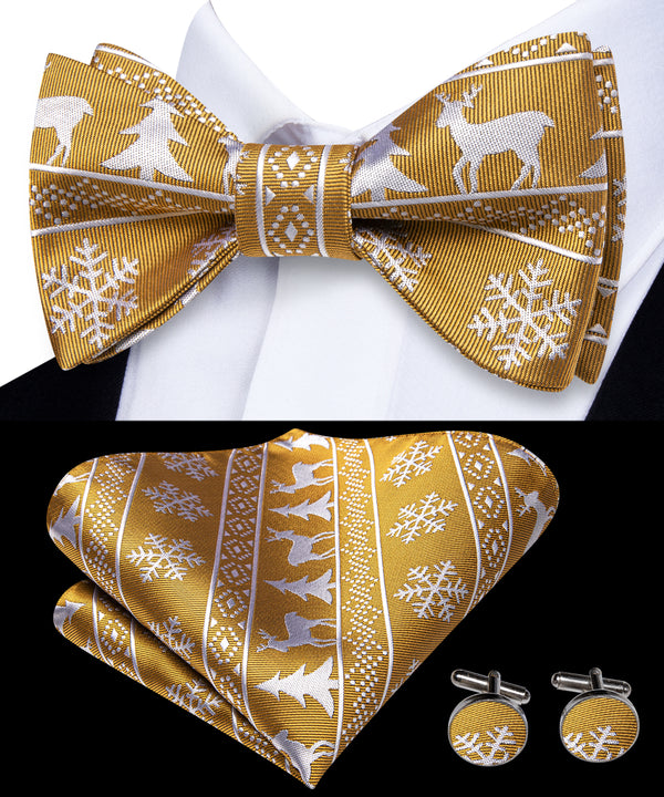 Dark Goldenrod Christmas White Deer Novelty Self-tied Bow Tie Pocket Square Cufflinks Set