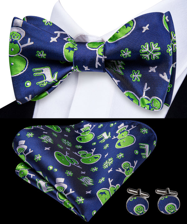 Christmas OceanBlue Green Snowman Novelty Self-tied Bow Tie Pocket Square Cufflinks Set