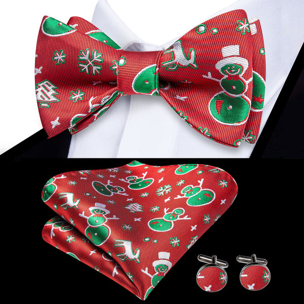 Christmas Red Green Snowman Novelty Self-tied Bow Tie Pocket Square Cufflinks Set