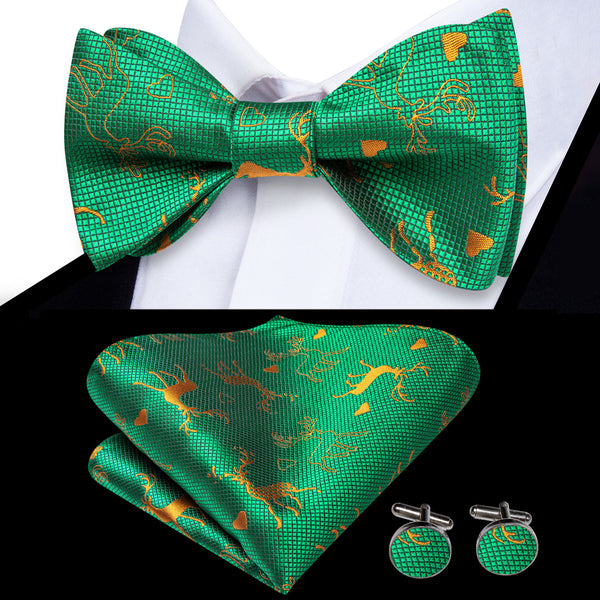 Christmas Green Golden Deer Novelty Self-tied Bow Tie Pocket Square Cufflinks Set