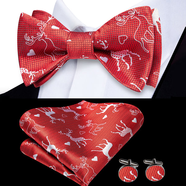 Christmas Red White Deer Novelty Self-tied Bow Tie Pocket Square Cufflinks Set