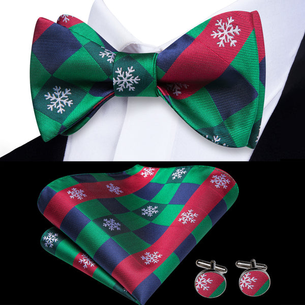 Christmas Green Blue Red Novelty Self-tied Bow Tie Pocket Square Cufflinks Set