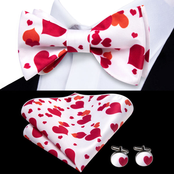 White Red Heart Novelty Self-tied Bow Tie Pocket Square Cufflinks Set