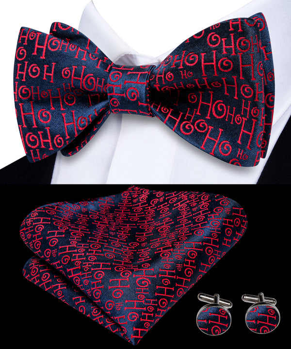 Navy Blue Red Novelty Self-tied Bow Tie Pocket Square Cufflinks Set