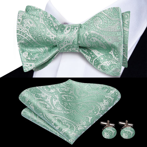 mens silk paisley light green bow ties handkerchief cuff links set for wedding or business,party