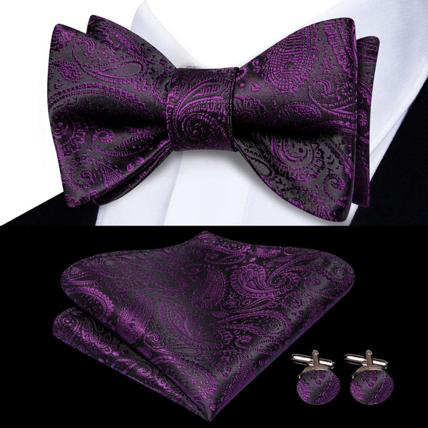 black tuxedo with bow tie of Deep Purple Paisley Silk Mens self bow tie Set