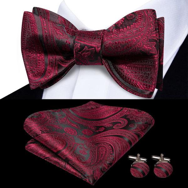 Burgundy red floral silk men bow ties pocket square cufflinks set for wedding