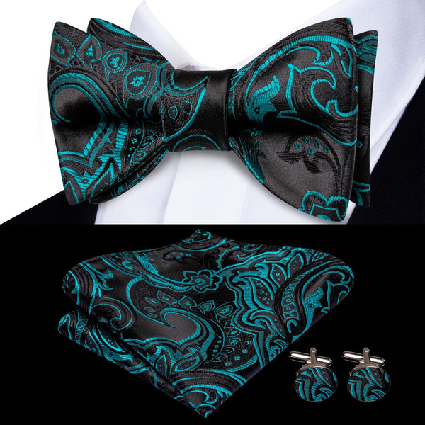 fashion black teal blue floral bowtie pocket square cufflinks set