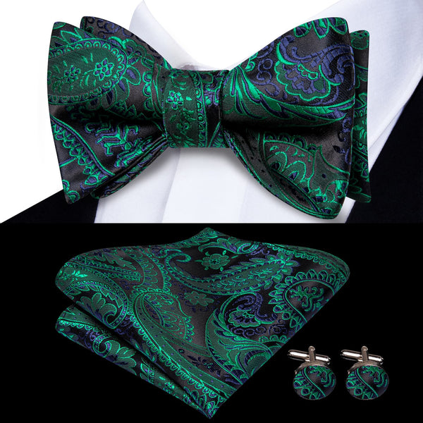  Forest Green blue paisley silk mens self untied bow tie pocket square cufflinks set