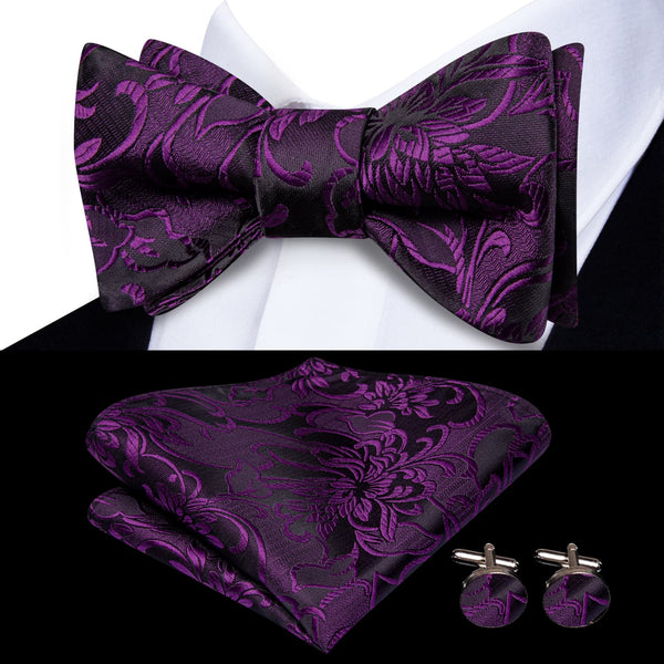 silk mens floral deep purple bowtie pocket square cufflinks set for suit jacket
