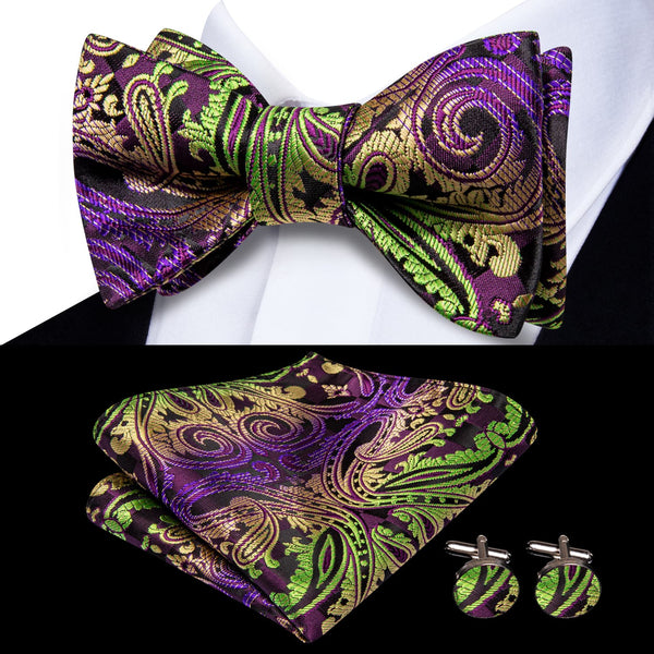fashion gradient multicolor floral purple green bowtie pocket square cufflinks set for party