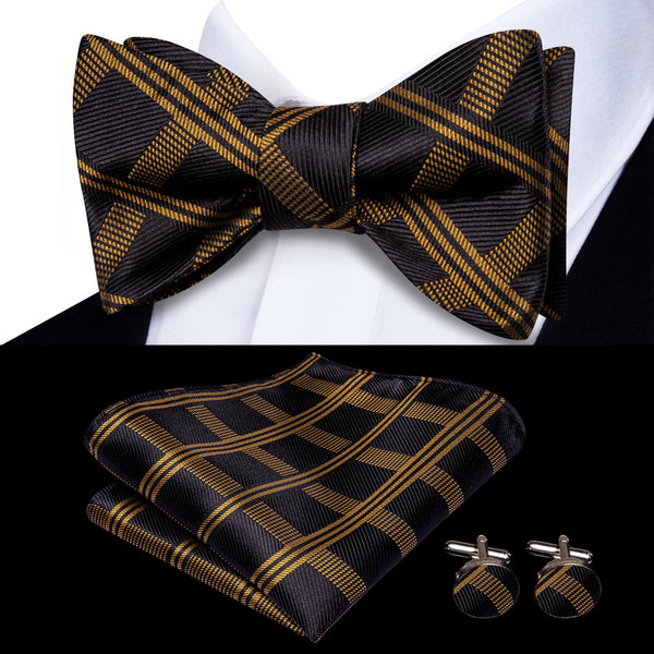 silk mens plaid black brown bow tie pocket square cufflinks set for business suit
