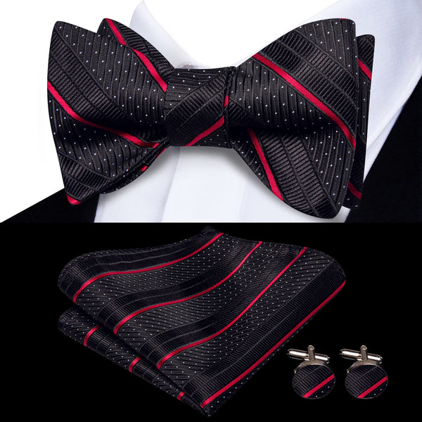 striped black red silk mens bowties pocket square cufflinks set for suit or shirt