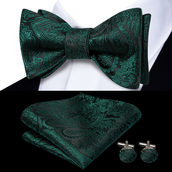 silk mens fashion paisley deep green bow tie pocket square cufflinks set for business suit