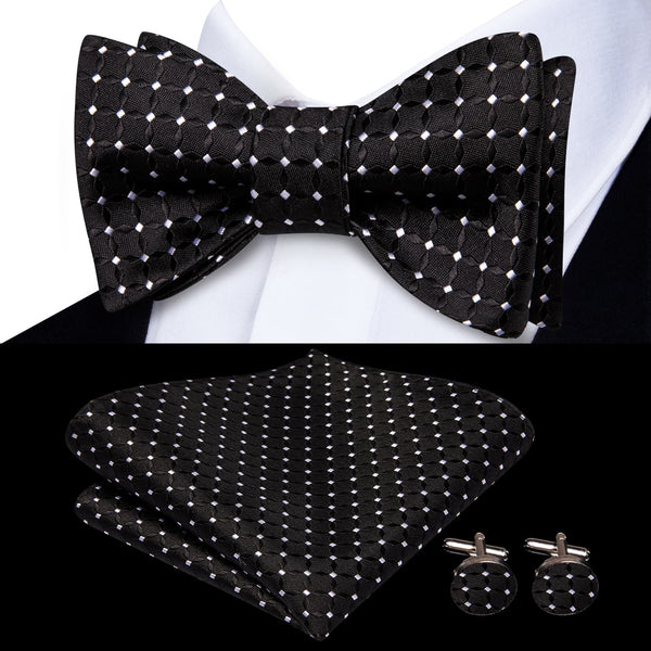black white plaid silk mens bow tie handkerchief cufflinks set for suit