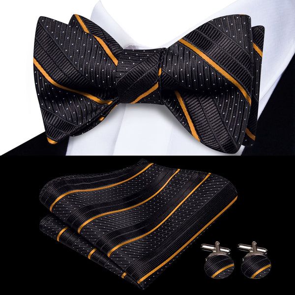 fashion gold striped white polka dots black bowtie pocket square cufflinks set
